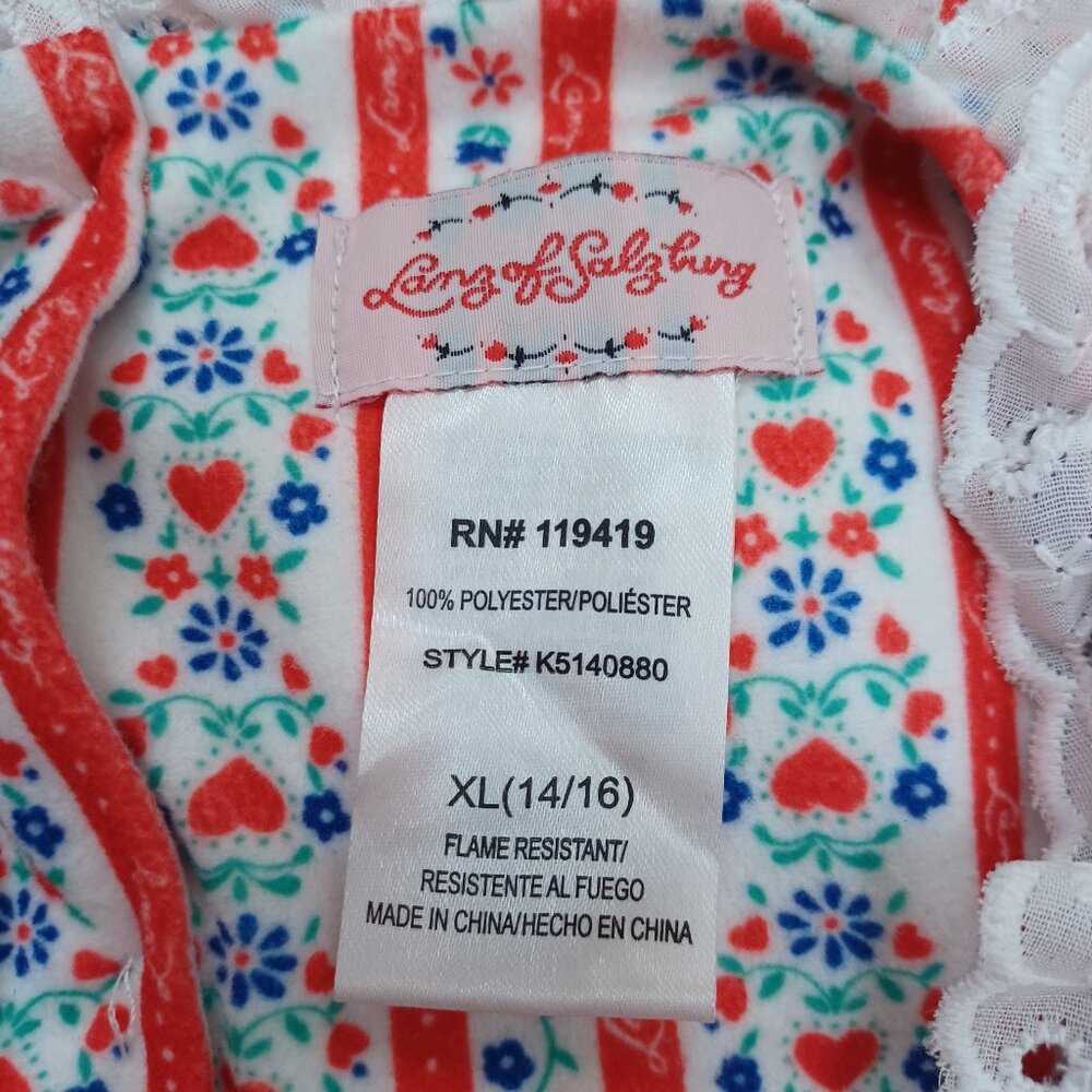 Lanz of Salzburg Girls Nightgown Tyrolean Red Heart Floral Size X Large 14/16 - Picture 6 of 11